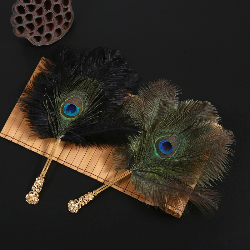 Ancient Style Ostrich Feather Fan, Creative Zen Decorative Fan, Party Masquerade Costume Prop, Feather Fan