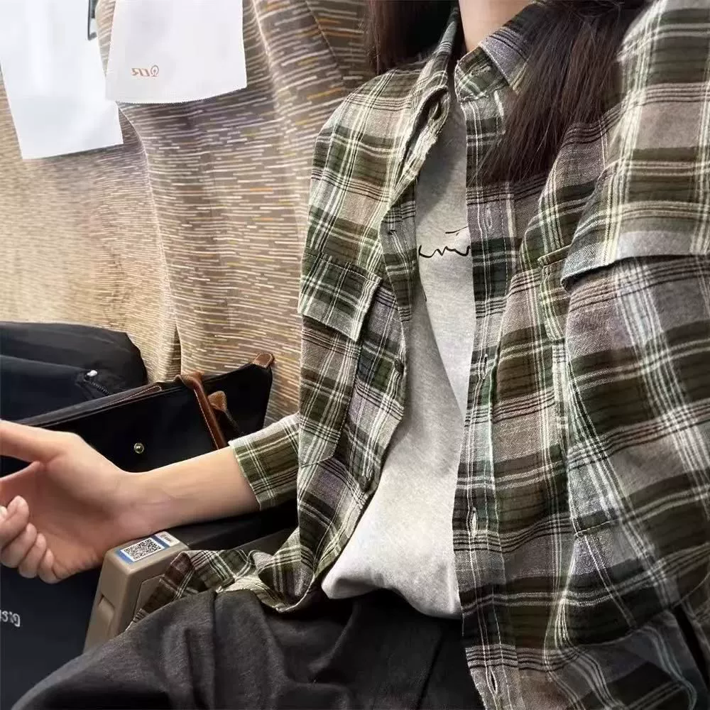 Корейская версия oversized ретро-контрастная клетчатая рубашка с лацканом женский весенне-осенний свободный тонкий кардиган с длинными рукавами топ