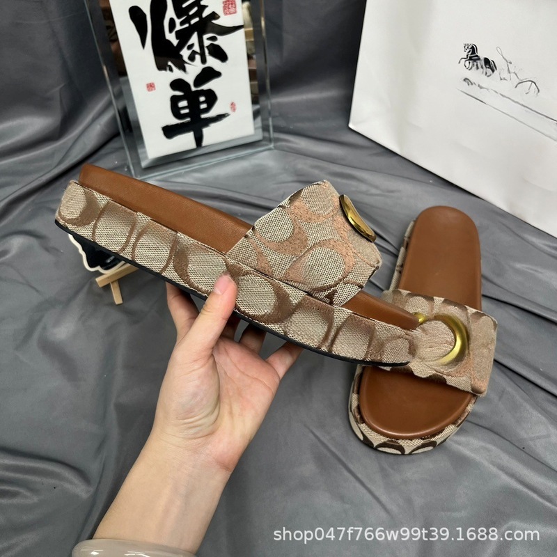 法式风外穿高级感厚底增高金属扣女鞋2025百搭潮流真皮帆布面凉拖|undefined