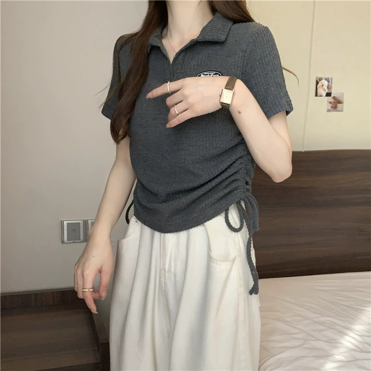 Large size American front shoulder polo neck short sleeved t-shirt for women 2024 new summer chubby mm top design_voghion.com