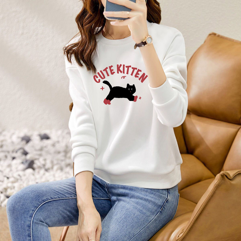 Spring and Autumn Round-Neck Sweatshirt for Women, Loose Casual Versatile Long-Sleeve Top, Stylish Pullover for Women, New Korean-Style Casual Long-Sleeve Shirt