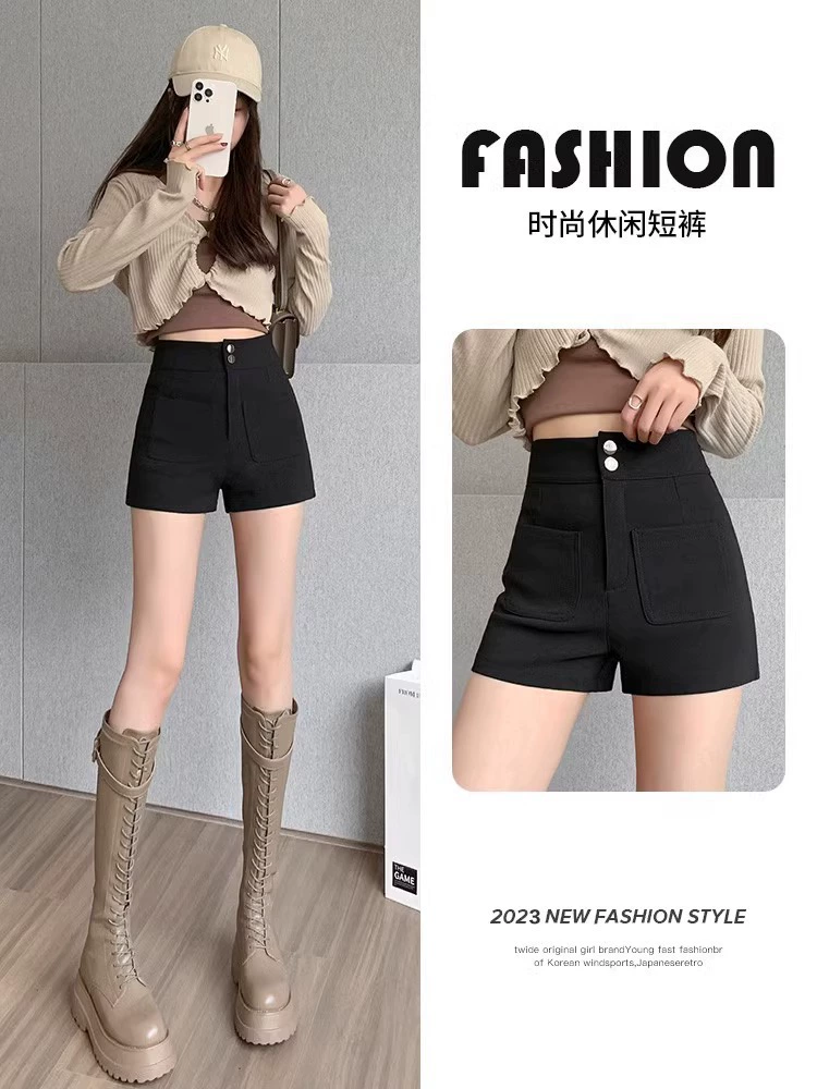 Черные шорты, весенние брюки, сапоги, высокий пояс, slim fit, тренд сезона, для подростков, силуэт А
