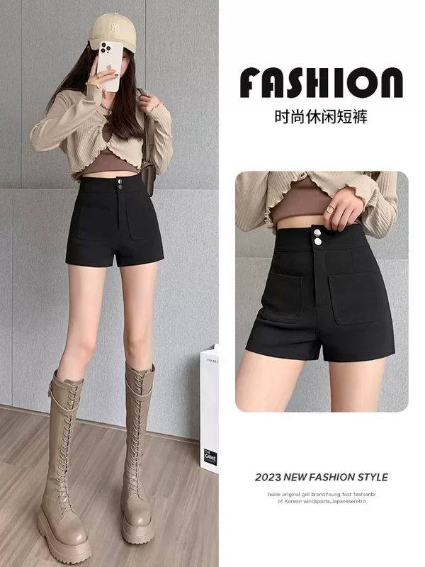 Черные шорты, весенние брюки, сапоги, высокий пояс, slim fit, тренд сезона, для подростков, силуэт А