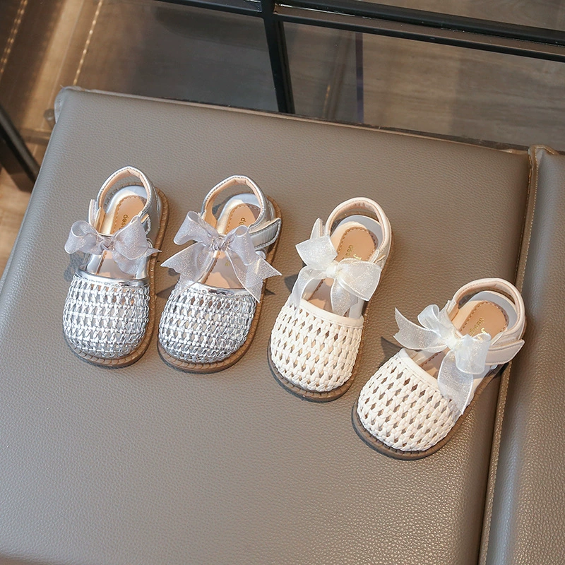 Детские плетеные сандалии для девочек, летние пляжные туфли для малышек с сетчатым бантом, новая модель 2025 года