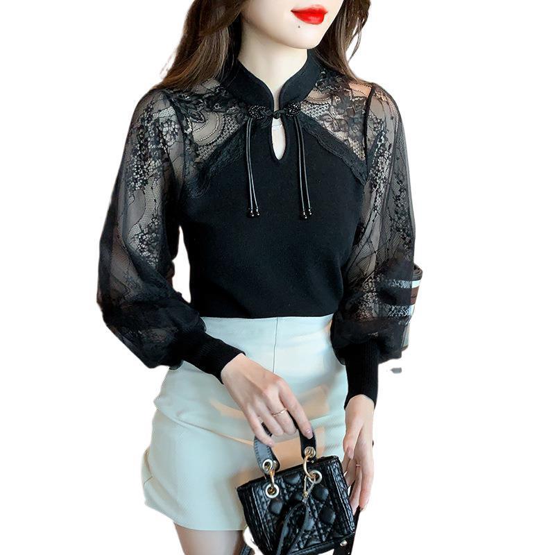 法式复古盘扣T恤女2025春秋新款蕾丝拼接立领小衫设计感小众上衣|undefined