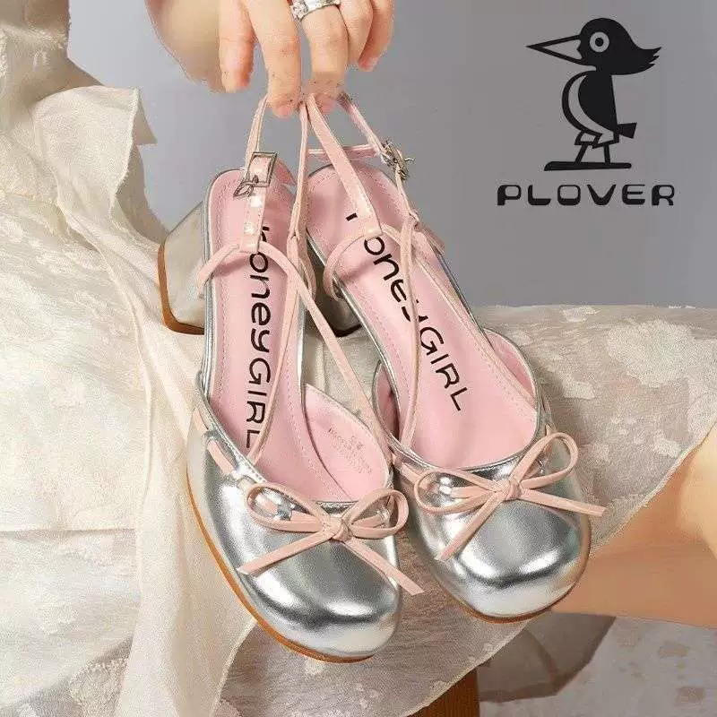 Серебряные босоножки PLOVER для женщин, лето 2025, новый стиль, однотонные туфли, толстый каблук, элегантные высокие каблуки