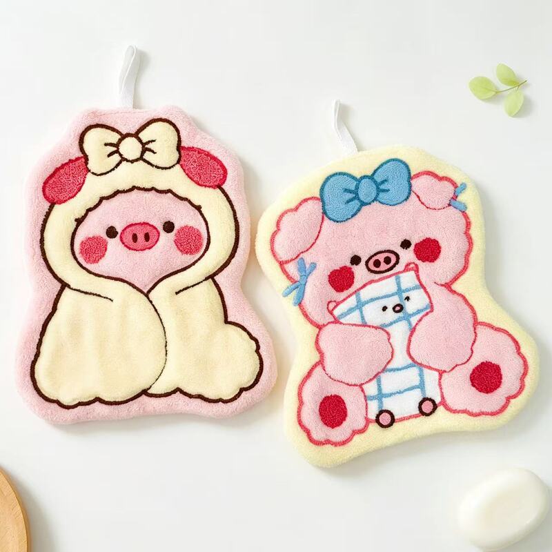 Cute cartoon pig-themed hanging hand towel, new model for children, absorbent, quick-drying, thickened, embroidered