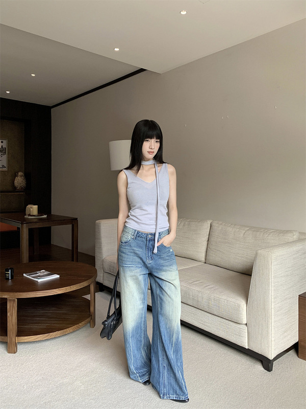 誉一新款2025秋季个性扎染条纹牛仔裤女设计感割破阔腿裤女cy1283|undefined