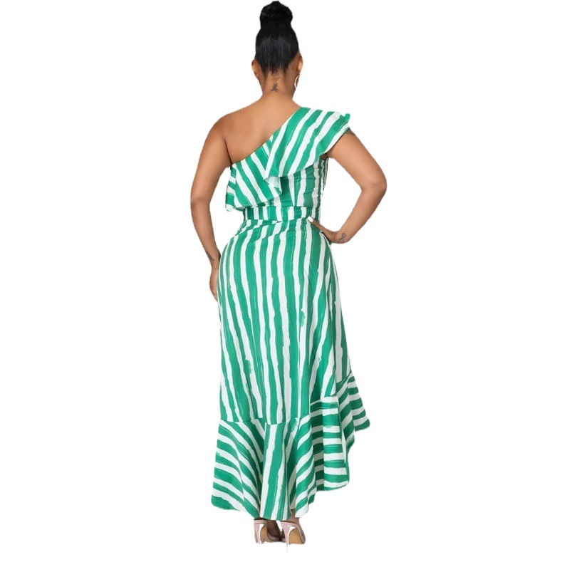 Vestido elegante para ir al trabajo de la próxima temporada, falda irregular, vestido midi verde con hombros descubiertos, vestido a rayas entallado de talla grande. image 1