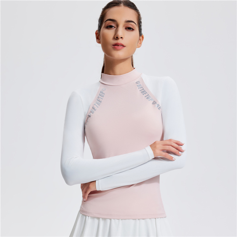 Temperamento camiseta deportiva de golf de cuello medio alto de mangas largas de tenis delgado running elástico color matching chaqueta al aire libre