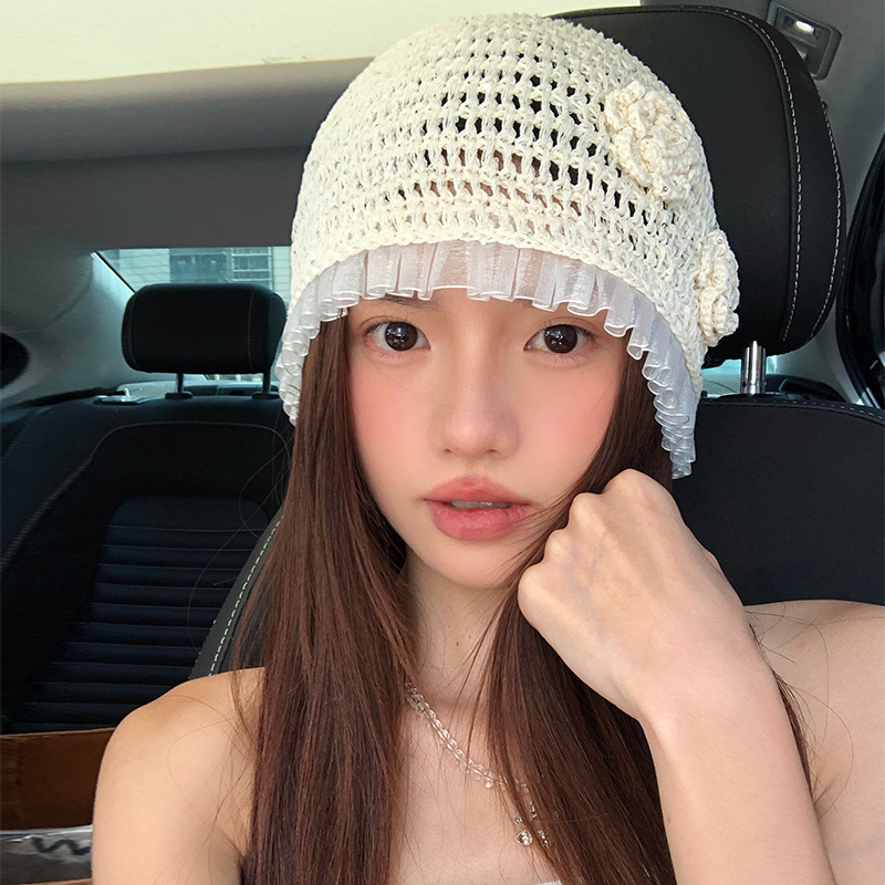 春夏薄款手工编针织帽女镂空钩花毛线帽甜美文艺显脸小包头堆堆帽|undefined
