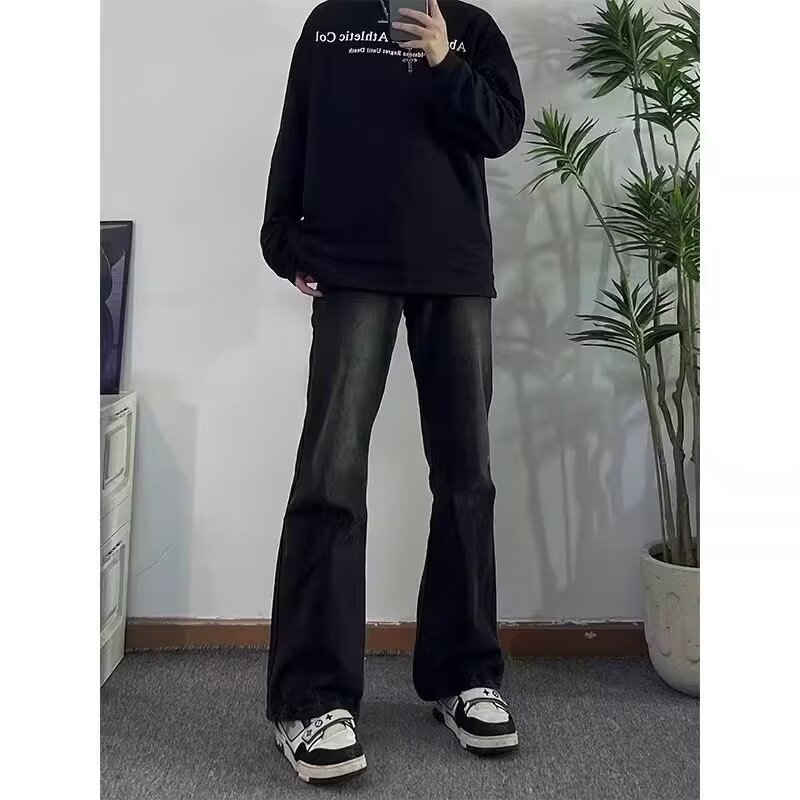 2024 primavera y otoño nuevo estilo americano calle alta suelta recta pantalones largos casuales negros marca de moda jeans para hombres