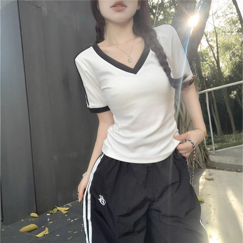 Contrast Color V-Neck Short-Sleeved T-Shirt for Women 2025 Summer New Pure Lust Sexy Slim Tight Thin Top Cross-Border Wholesale