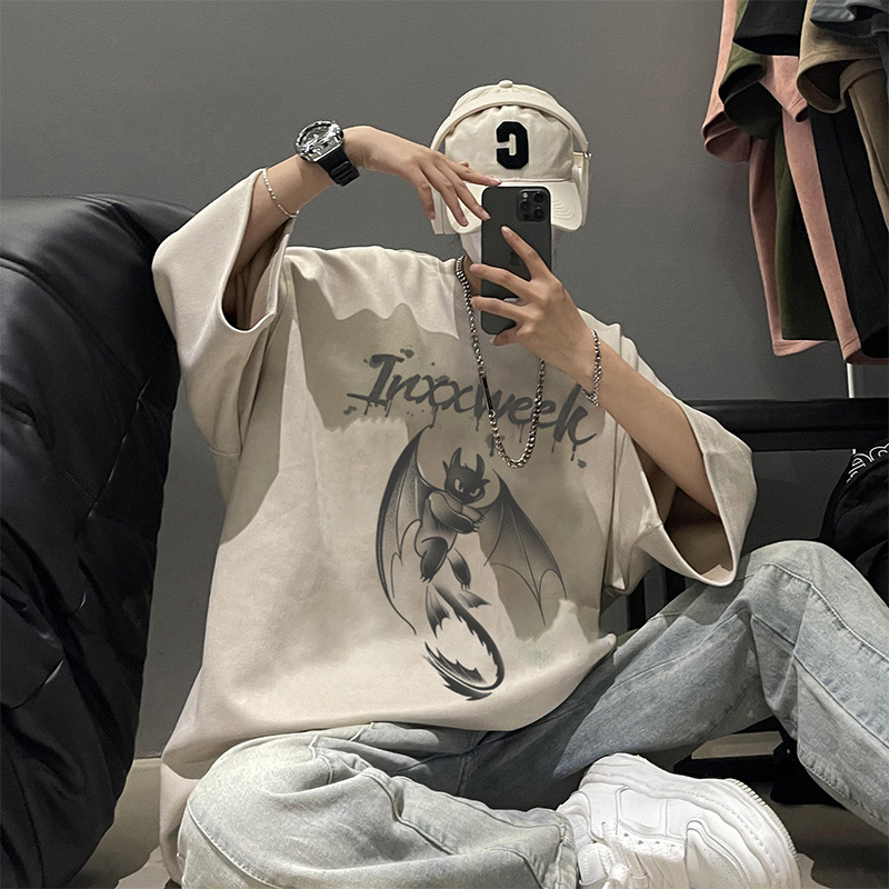 美式重磅麂皮绒卡通动漫蝙蝠圆领落肩情侣款短袖T恤夏季高街涂鸦