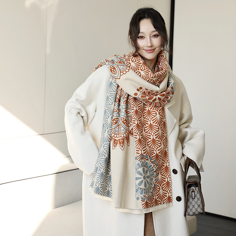 Scarf Women's Autumn and Winter Ethnic Double-Sided Jacquard Shawl Warm Thickened Printed Exterior Photo Scarf All-Match New Style