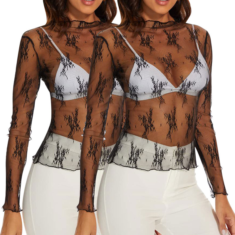 Mesh Long-sleeved Layered Top Women's Mesh Collar Floral Embroidery Transparent See-through T-Shirt Shirt
