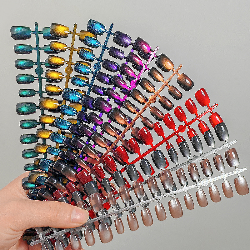 Gradient Color Series Cat-Eye Wearable Nails Small Light Bulb Glass Beads Manicure Elegant Short Pre-Made Nail Patches Wholesale