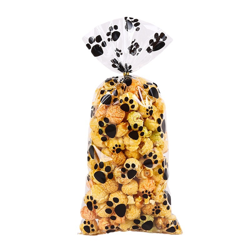 OPP bolsa de papel de vidrio plano transparente huellas de cachorro bolsa de embalaje de caramelo galleta snack regalo bolsa de embalaje Alambre de lazo