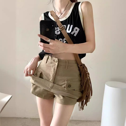 Khaki work denim short skirt for women, American retro high-waist a-line skirt, hot girl anti-exposure package hip culottes