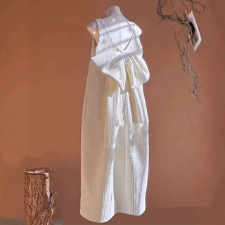 富家千金感穿搭高级感法式小香风白色蝴蝶结无袖背心连衣裙子女冬