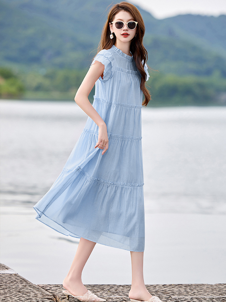 Váy liền suông midi che bụng thời trang hè 2025 dáng rộng khí chất LM6906 — Màu hồng, Màu trắng