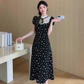 法式黑色蕾丝拼接碎花特别漂亮掐腰小裙子赫本风绝美不撞款连衣裙