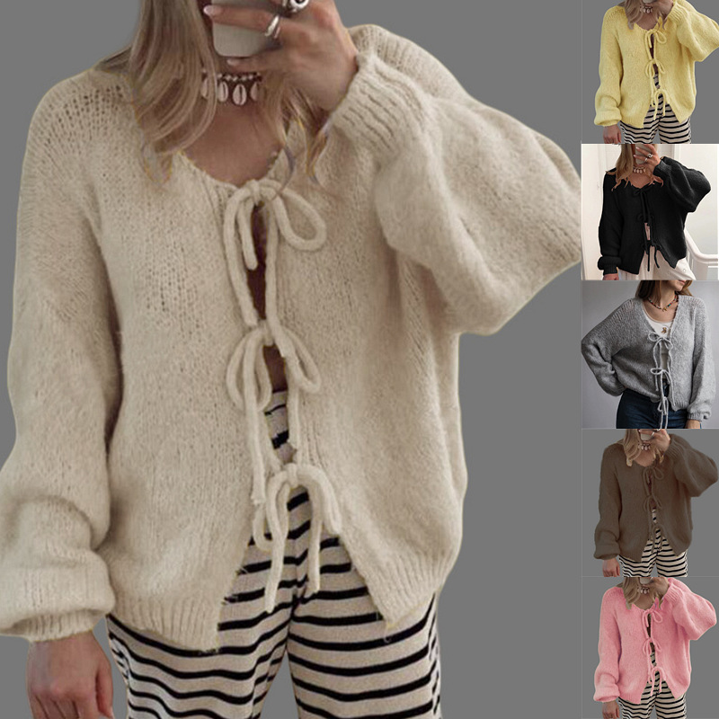 European and American Cross-Border Autumn and Winter New Pure Color Simple Thick Needle Sweater Jacket Women's Amazon Round Neck Lace-Up Knitted Cardigan European and American Cross-Border Autumn and Winter New Pure Color Simple Thick Needle Sweater Jacket Women's Amazon Round Neck Lace-Up Knitted Cardigan