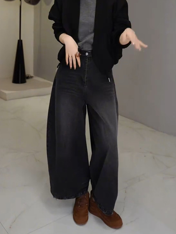 牛仔裤女士2025年早秋新款爆款裤子显瘦九分裤高腰弯刀阔腿裤黑色|undefined