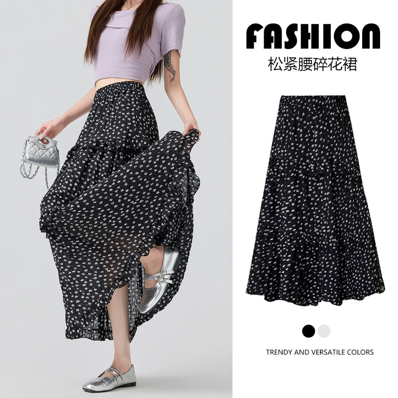 Black Floral Print High-Waisted A-Line Long Skirt for Women, Summer Plus-Size Elastic Waist Chiffon Tiered Skirt Black Floral Print High-Waisted A-Line Long Skirt for Women, Summer Plus-Size Elastic Waist Chiffon Tiered Skirt