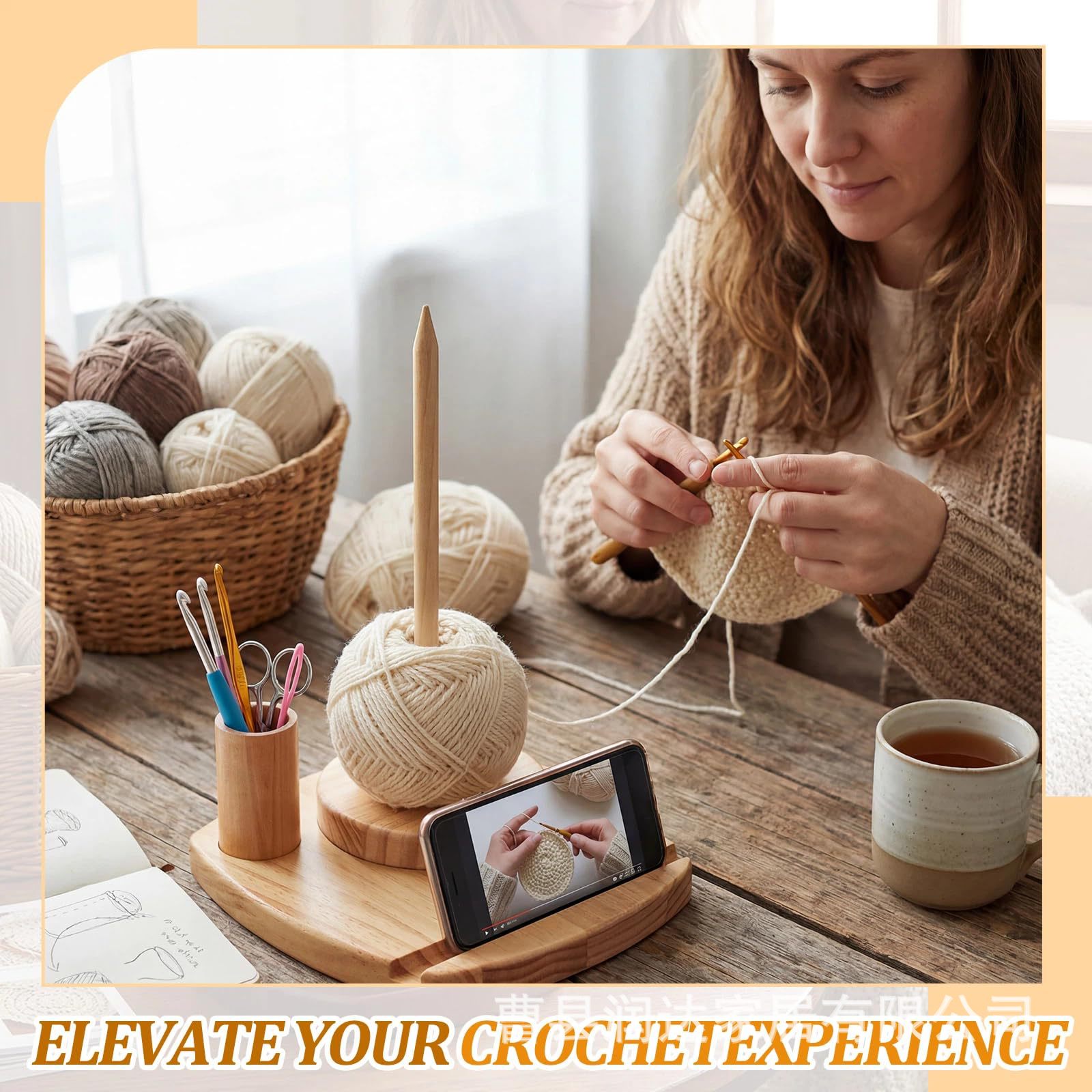 Wooden Spool Rack with Mobile Phone Holder, Crochet Hook Holder, Yarn Rack, Desktop Hand Knitting Tool, Household Yarn Rack