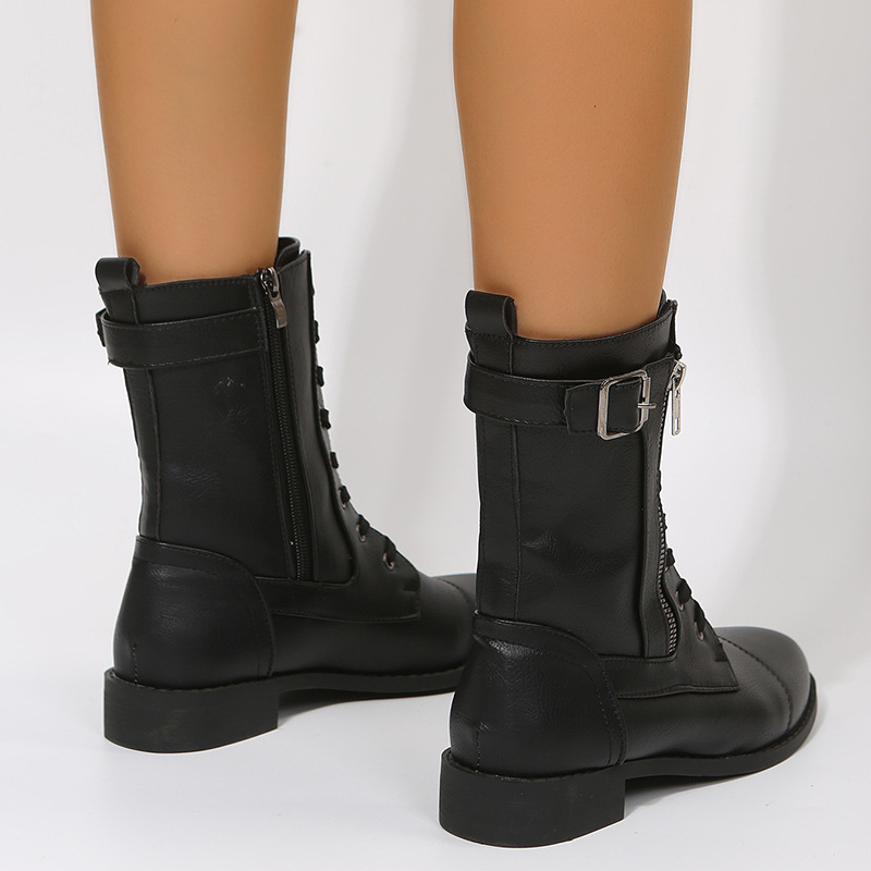 Chaussures pour femmes nouvelles bottes Martin à bout rond et à talon bas avec fermeture éclair sur le côté pour femmes, bottes en cuir rétro à talon carré et tube moyen de grande taille_voghion.com