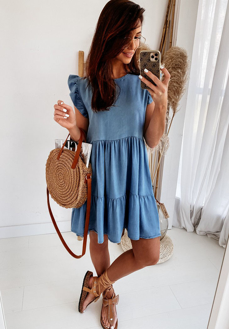 Polyester Fabric Type Mid Waist Waist Line Wholesale Women's Casual Pleated Solid Color Daily Street Round Neck Sleeveless Denim Dress