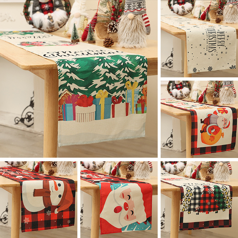 New Christmas decoration linen table runner Christmas creative Christmas tree garland printed table tablecloth decoration
