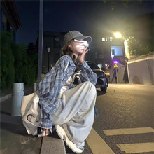 春秋新款美式复古蓝色格子衬衫女装外搭衬衣宽松外套休闲百搭上衣