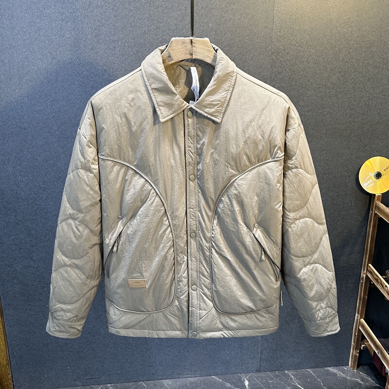 Winter Workwear Lapel Lightweight down Jacket for Men, American Retro Casual Japanese-Style Shirt Collar White Duck down Warm Coat