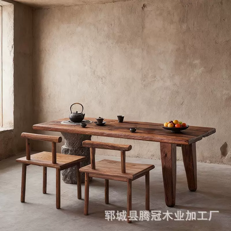 老榆木茶桌椅组合全实木禅意茶台仿古中式民宿侘寂风化老门板茶桌