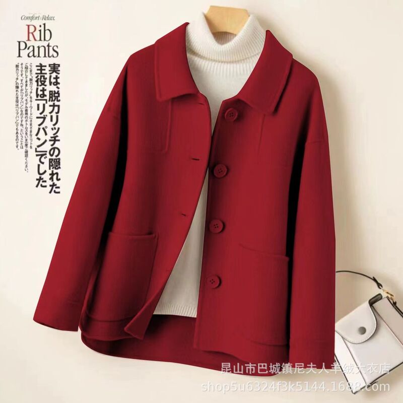 100 Wool Coat Double-Sided Cashmere Coat Women's Short Doll Leader Loose Wool Coat for Petite