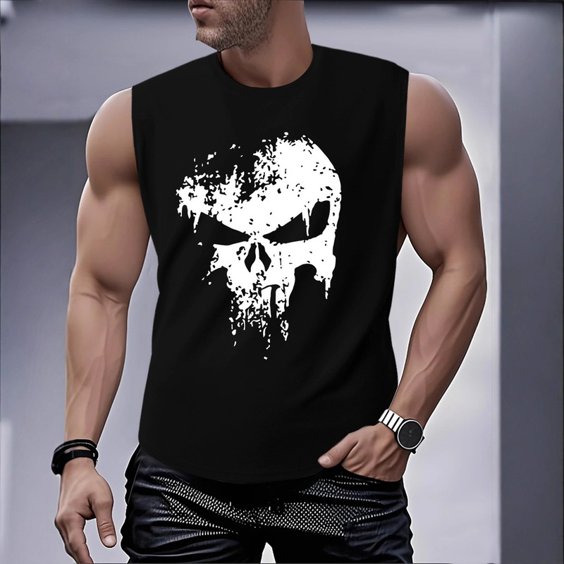 Cross-Border Summer Loose Large Size Skull Print Vest Men's Training Muscle Vest Sports Fitness Sleeveless T-Shirt