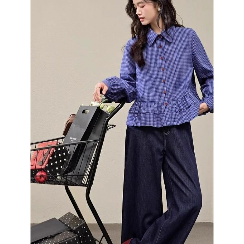 Miu Blue Plaid Shirt Women's 2025 Spring New Korean Design Ruffled Polo Collar Baby Shirt