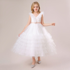 White Princess Flowery Blouse Dress Sleeveless Puff Sleeve Children's Wedding Dress Children's Formal Dress Birthday Party Long Dress for Middle Kids