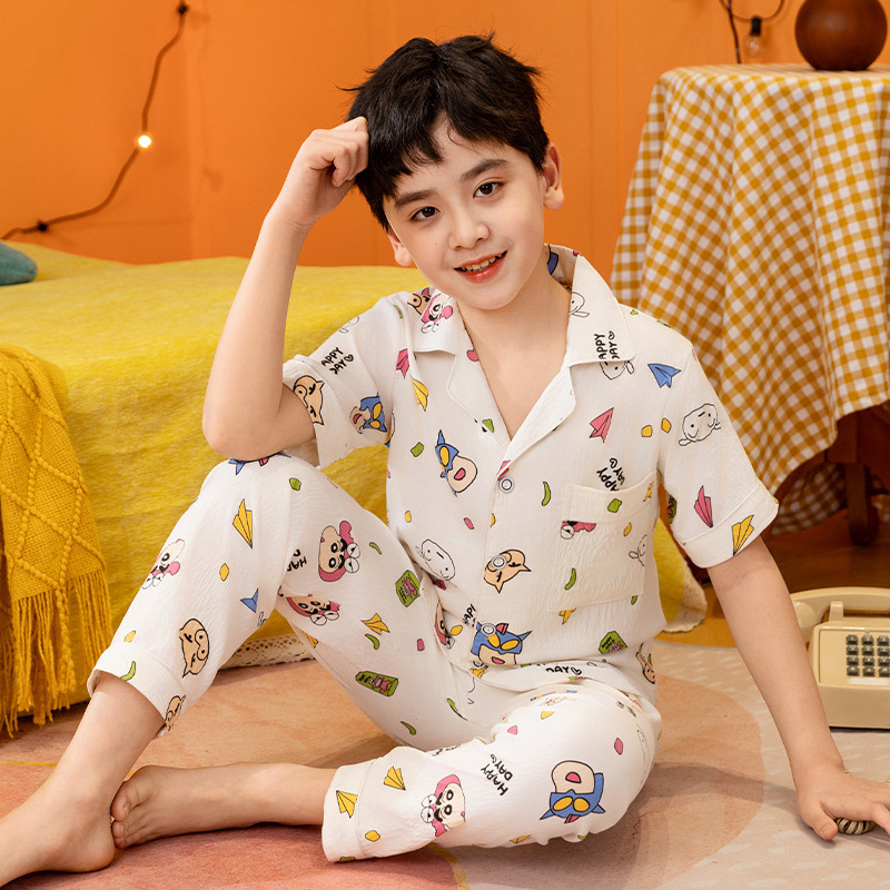 Medium and Large Boys' Short-Sleeved Trousers Lapel Open-Button Pajamas Set Breathable Woven Cloud Cotton Cartoon Home Clothes