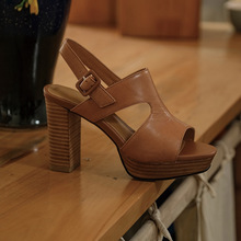 牛皮2025年夏季新款粗跟一字带搭扣复古风真皮凉鞋女鞋高跟鞋黑色