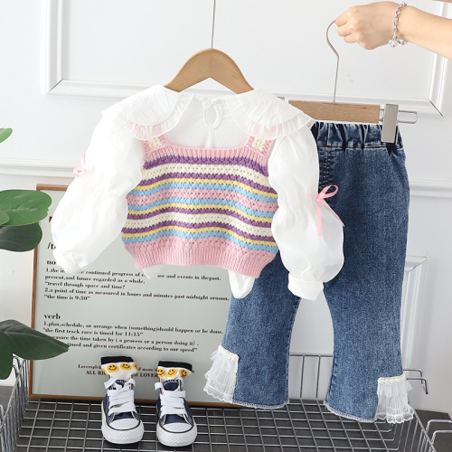 Fashionable Autumn Children's Clothing Girls Suit Spring Autumn New Fashionable Baby Girl Striped Vest Long Sleeve Three-piece Set on behalf of
