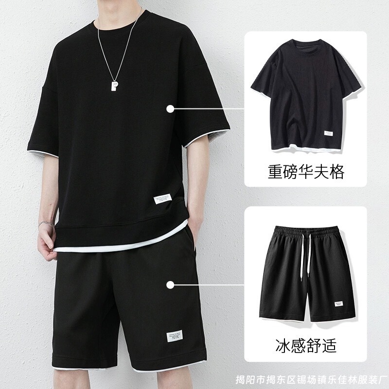 Casual Sports Suit for Men, Summer Ice-Cool Trendy Loose Waffle Short-Sleeved Shorts Set, Stylish Outfit
