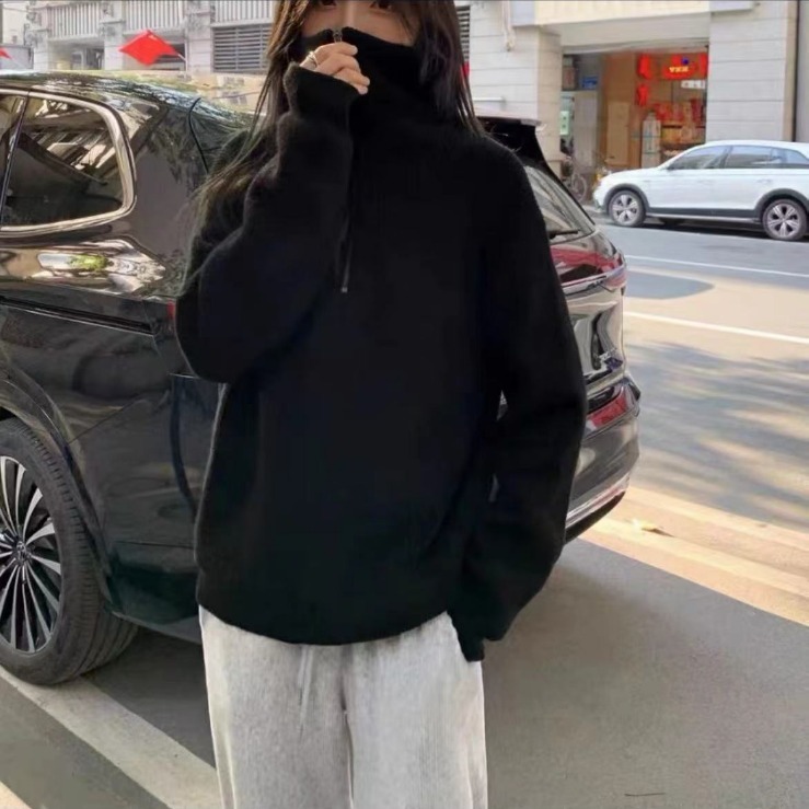 俄罗斯跨境秋冬新款拉链套头毛衣女立领宽松慵懒风保暖外穿针织衫|undefined