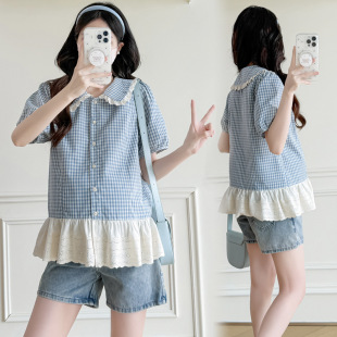 Real shot! 2025 Summer New Maternity Dress Sky Blue Plaid Slim Shirt Doll Collar Loose Fashion Top
