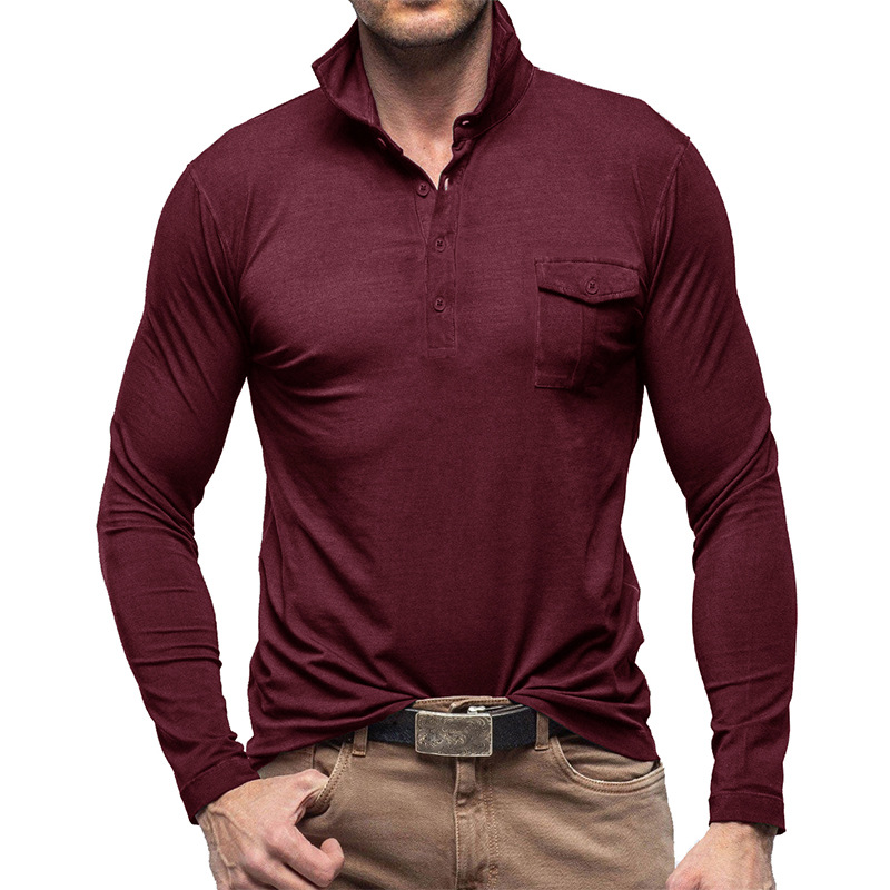 Al Aire Libre Otoño e Invierno nueva solapa europea y americana hombres camiseta transfronteriza Comercio exterior hombres de color sólido camisa de Polo de manga larga al por mayor