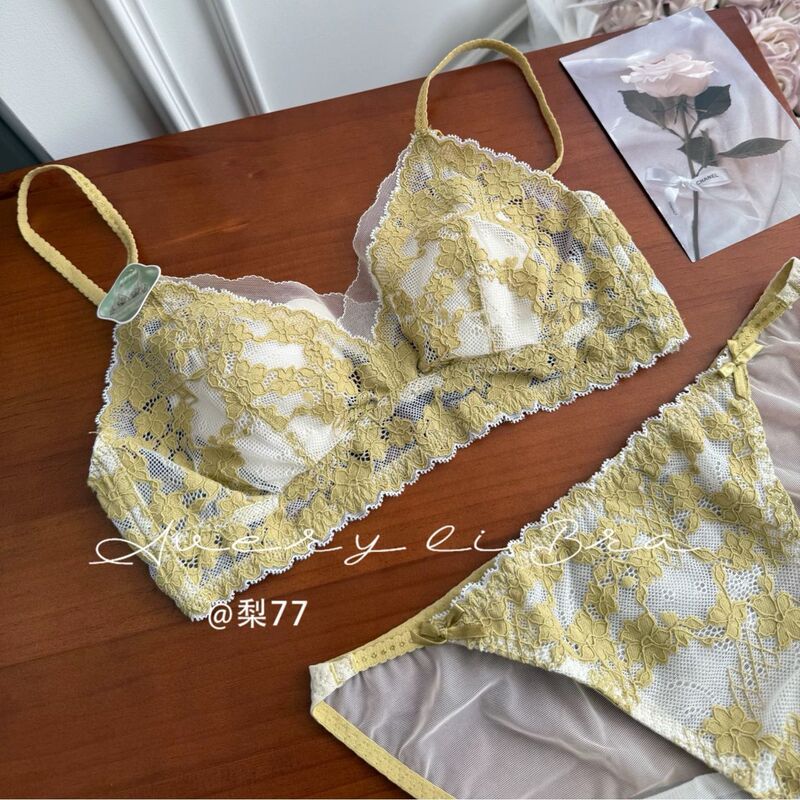 含蓄且炽热;法式复古刺绣蕾丝三角杯内衣女交叉美背显胸小文胸罩|undefined