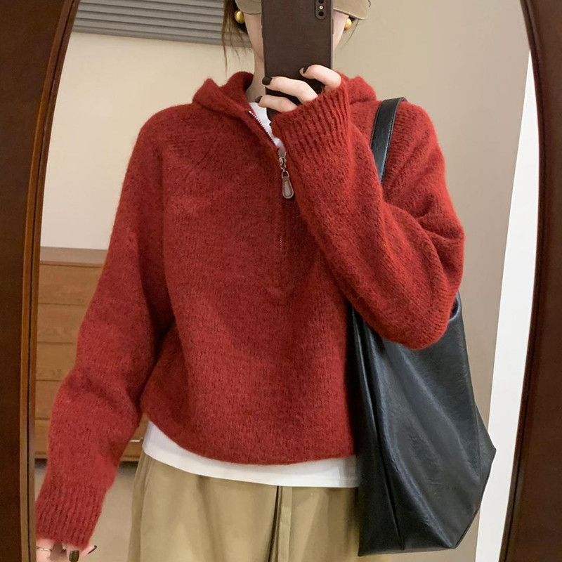 设计感半拉链套头连帽毛衣女秋冬新款韩系宽松纯色软糯气质针织衫|undefined