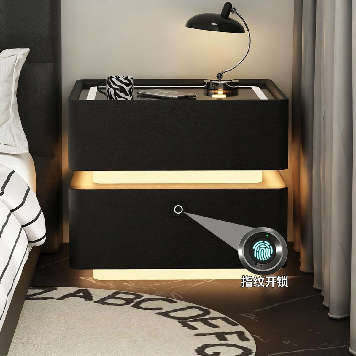 Smart bedside desk negro todo madera maciza dormitorio doméstico 2025 nuevo lujo ligero de alta calidad huellas dactilares cerradura cabecera de almacenamiento